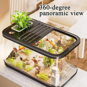 Compact aquarium with fish and plants on a table, labeled '360-degree panoramic view' at Pet Servo