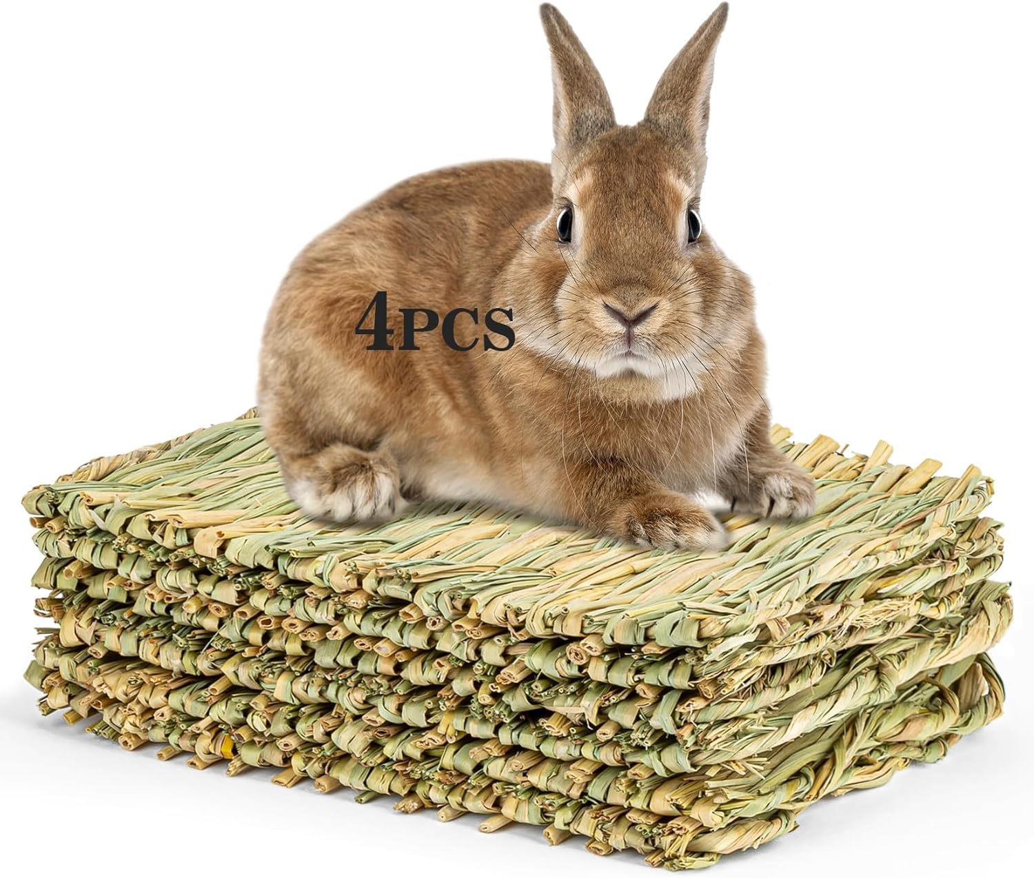 Brown rabbit on a stack of green hay mats with '4PCS' text at Pet Servo