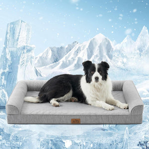 A black and white dog lies on a light gray rectangular pet bed with raised armrests, set against a snowy mountain backdrop at Pet Servo