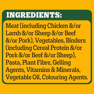 A yellow and dark green ingredients label with white and black text listing common meat, vegetables, binders, pasta, plant fibre, gelling agents, vitamins, minerals, vegetable oil, and colouring agents.