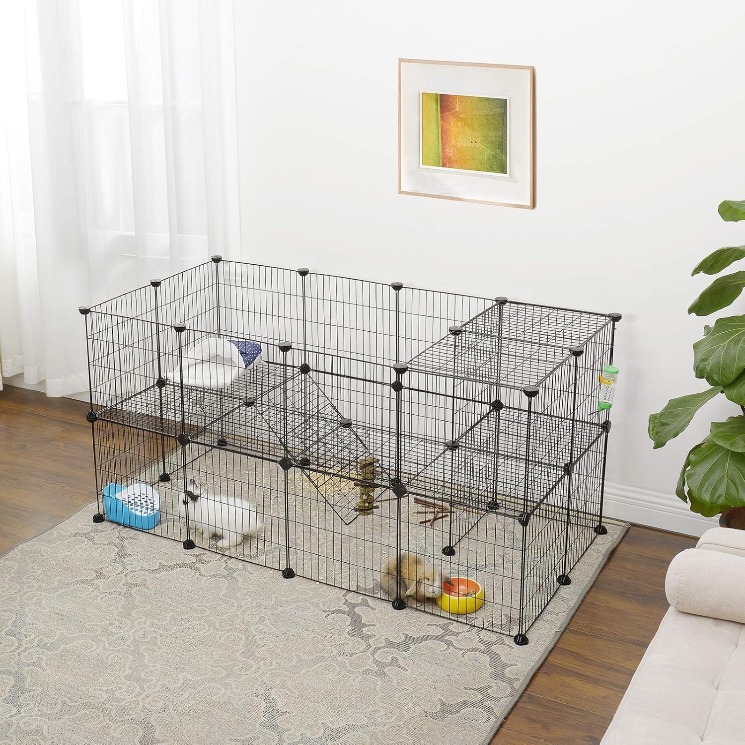Pet playpen with small animals inside in a living room setting at Pet Servo