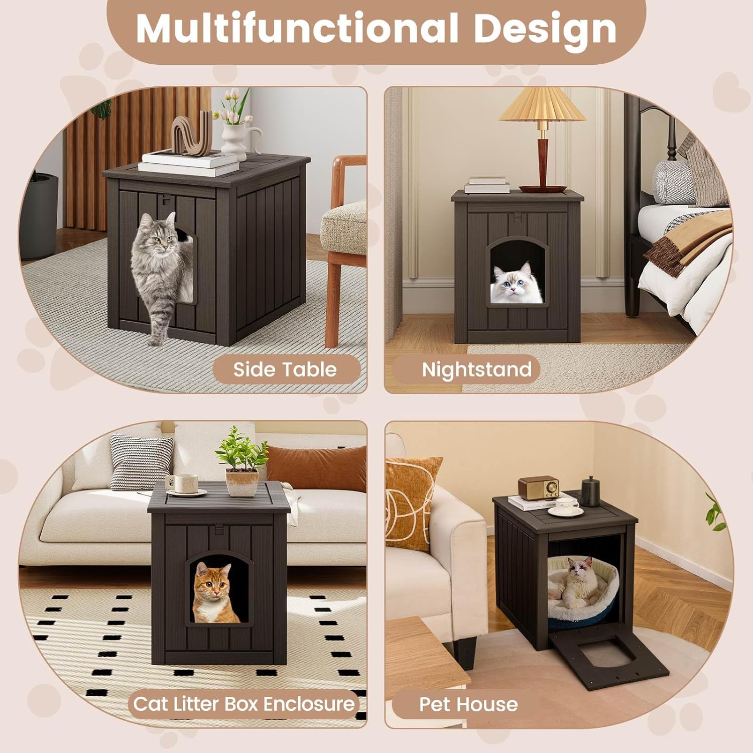 Multifunctional pet furniture with cat inside in various settings at Pet Servo