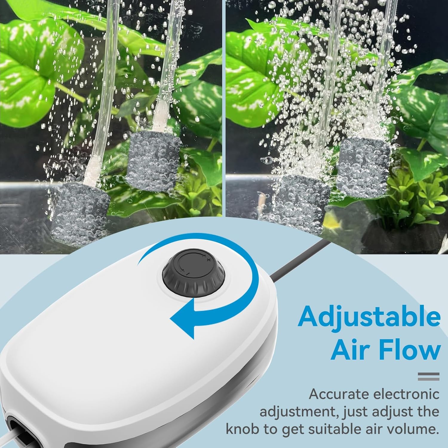 Aquarium air pump with adjustable air flow feature, surrounded by water and plants at Pet Servo