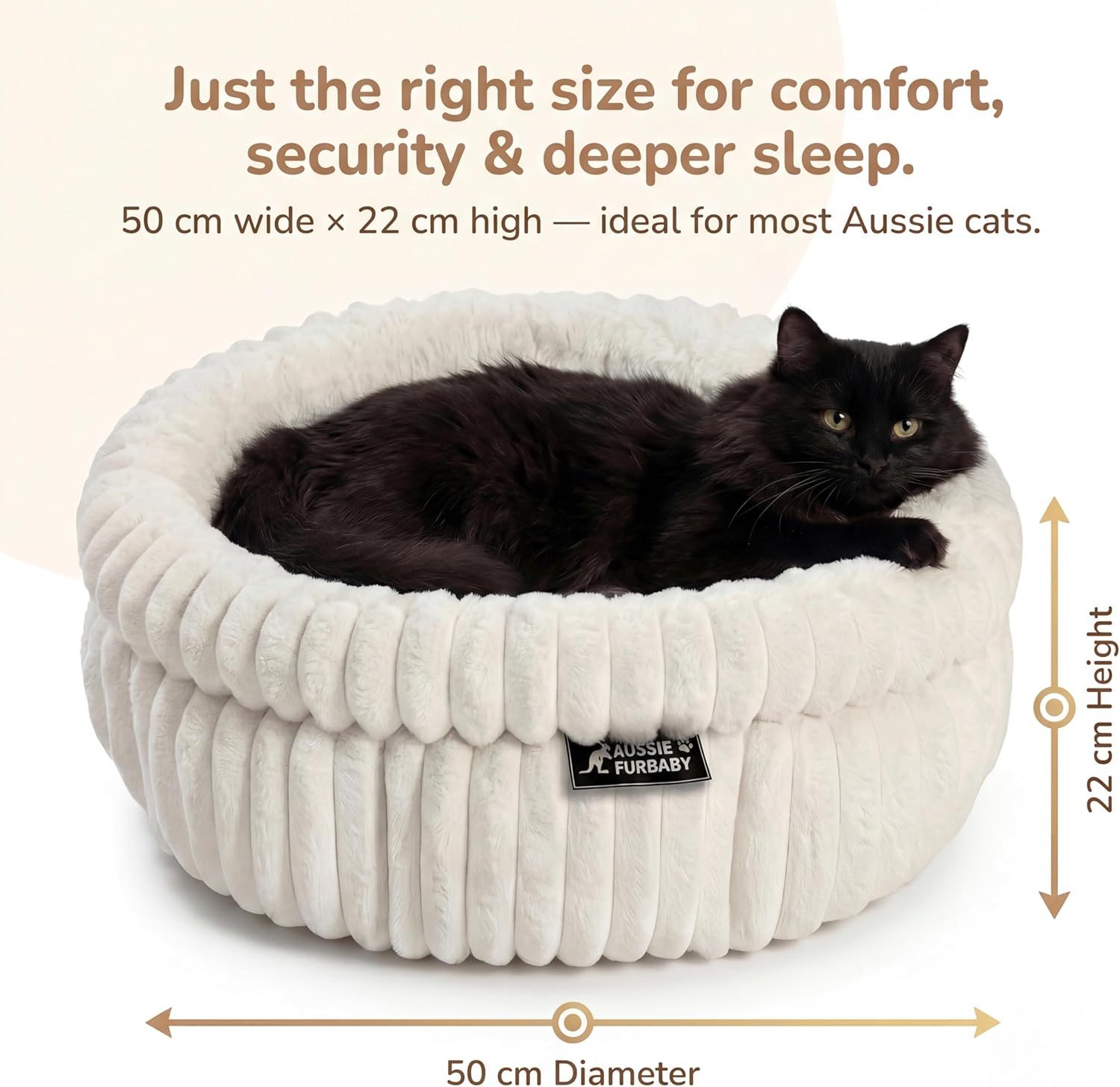 Cat lying in a plush pet bed with dimensions and text about comfort and size at Pet Servo