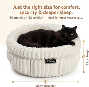 Cat lying in a plush pet bed with dimensions and text about comfort and size at Pet Servo