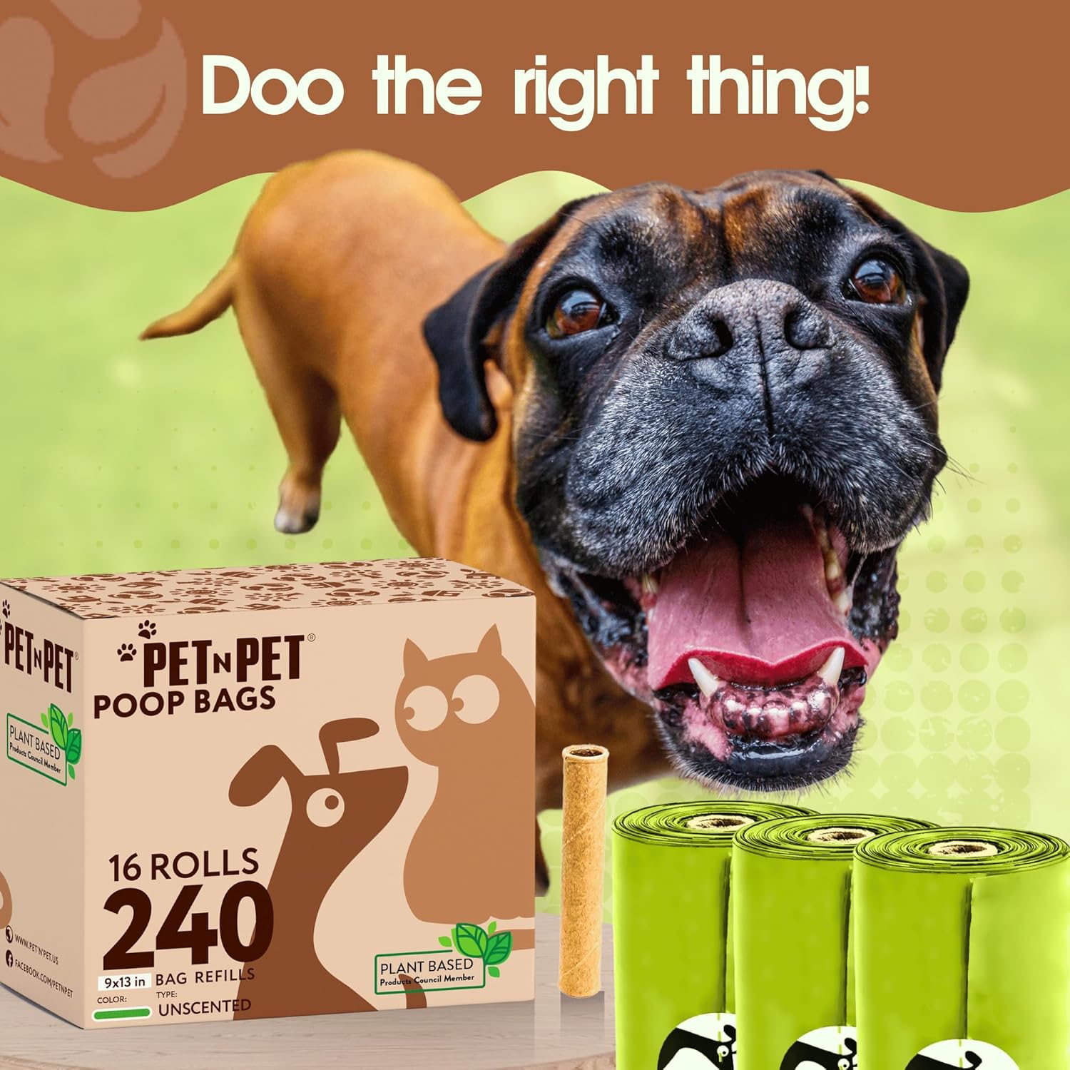 Pet product packaging with a dog and text 'Doo the right thing!' on a green background