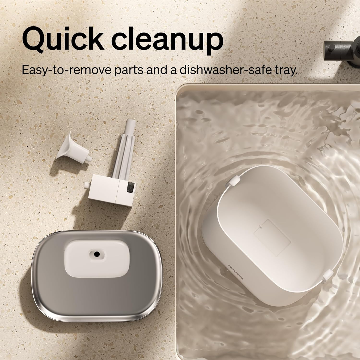Cleaning device with parts and text about quick cleanup and dishwasher-safe tray.