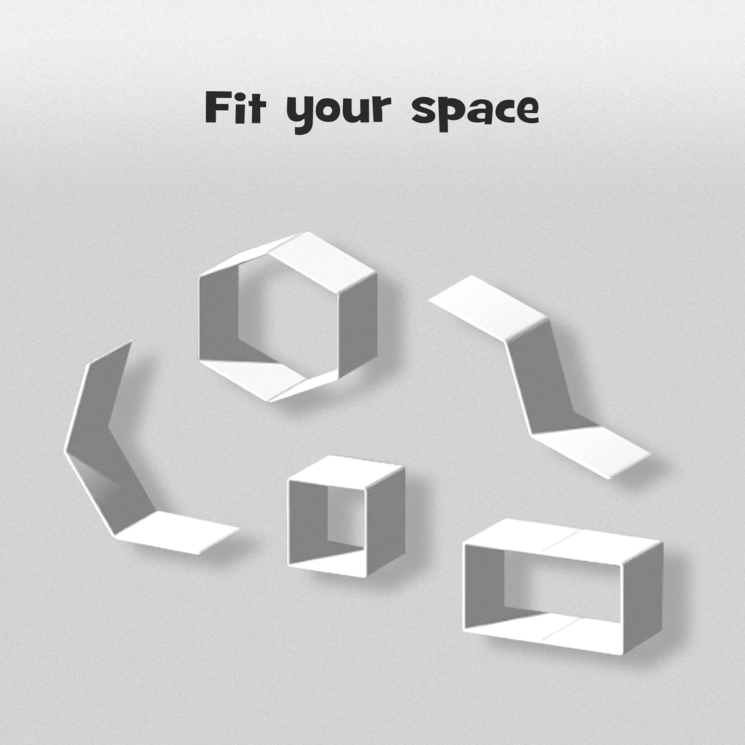 White modular 3D wall panels and geometric shapes arranged on a light gray background with the text 'Fit your space' at the top at Pet Servo