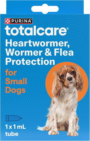 Purina TotalCare heartworm, wormer & flea protection packaging for small dogs on a blue background at Pet Servo