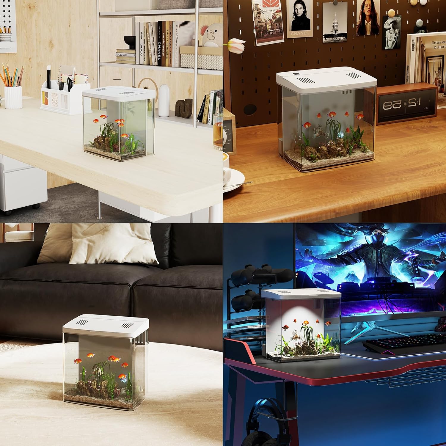 Collage of a small fish tank in various indoor settings including a desk, living room, and office at Pet Servo