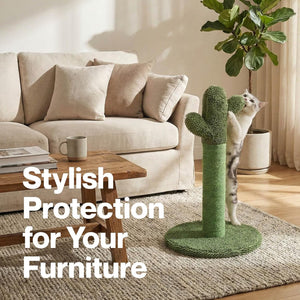 Cat using a green cat tree in a living room with text 'Stylish Protection for Your Furniture' at Pet Servo