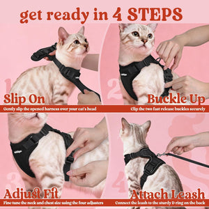 Step-by-step guide on how to put on a cat harness with text on a pink background at Pet Servo