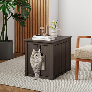 Cat house with a cat peeking out in a home setting at Pet Servo