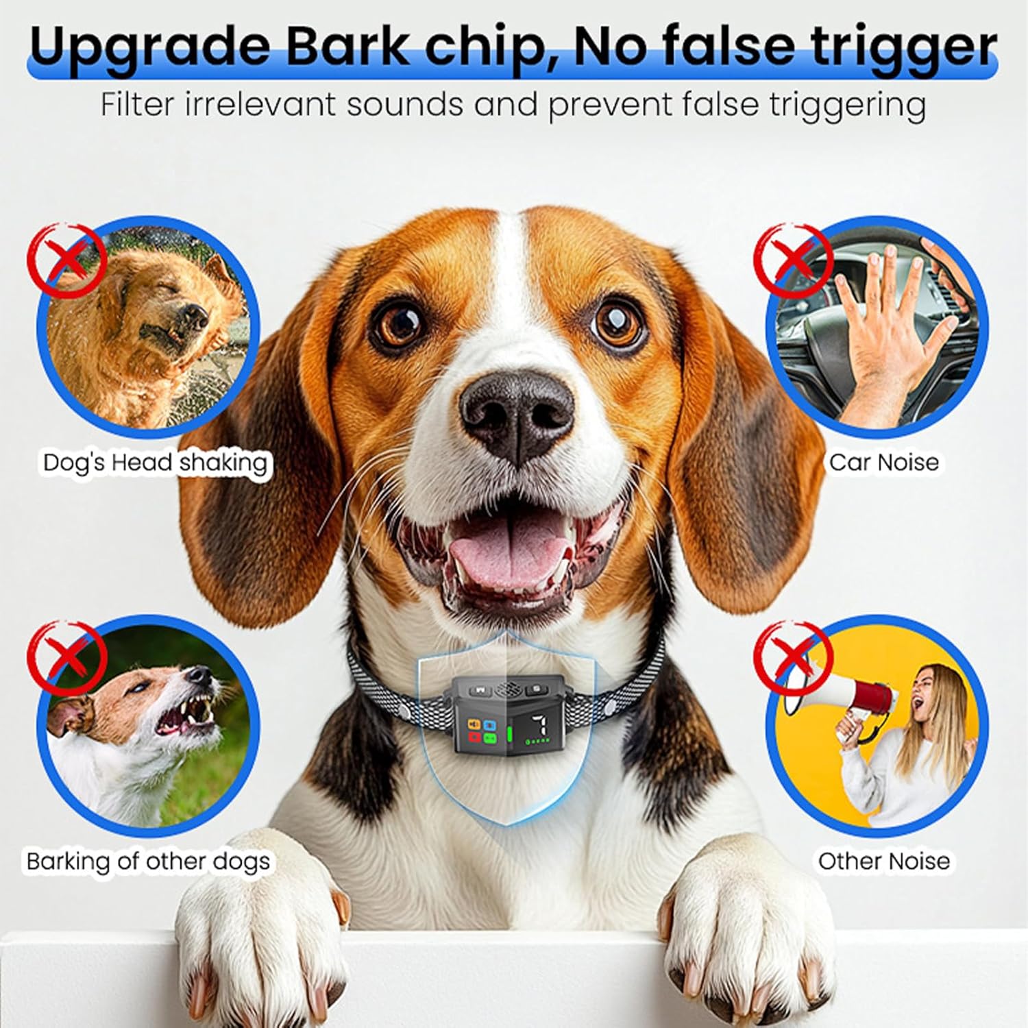 Dog wearing a collar with a screen displaying text about noise filtering and false triggering, on a white background at Pet Servo