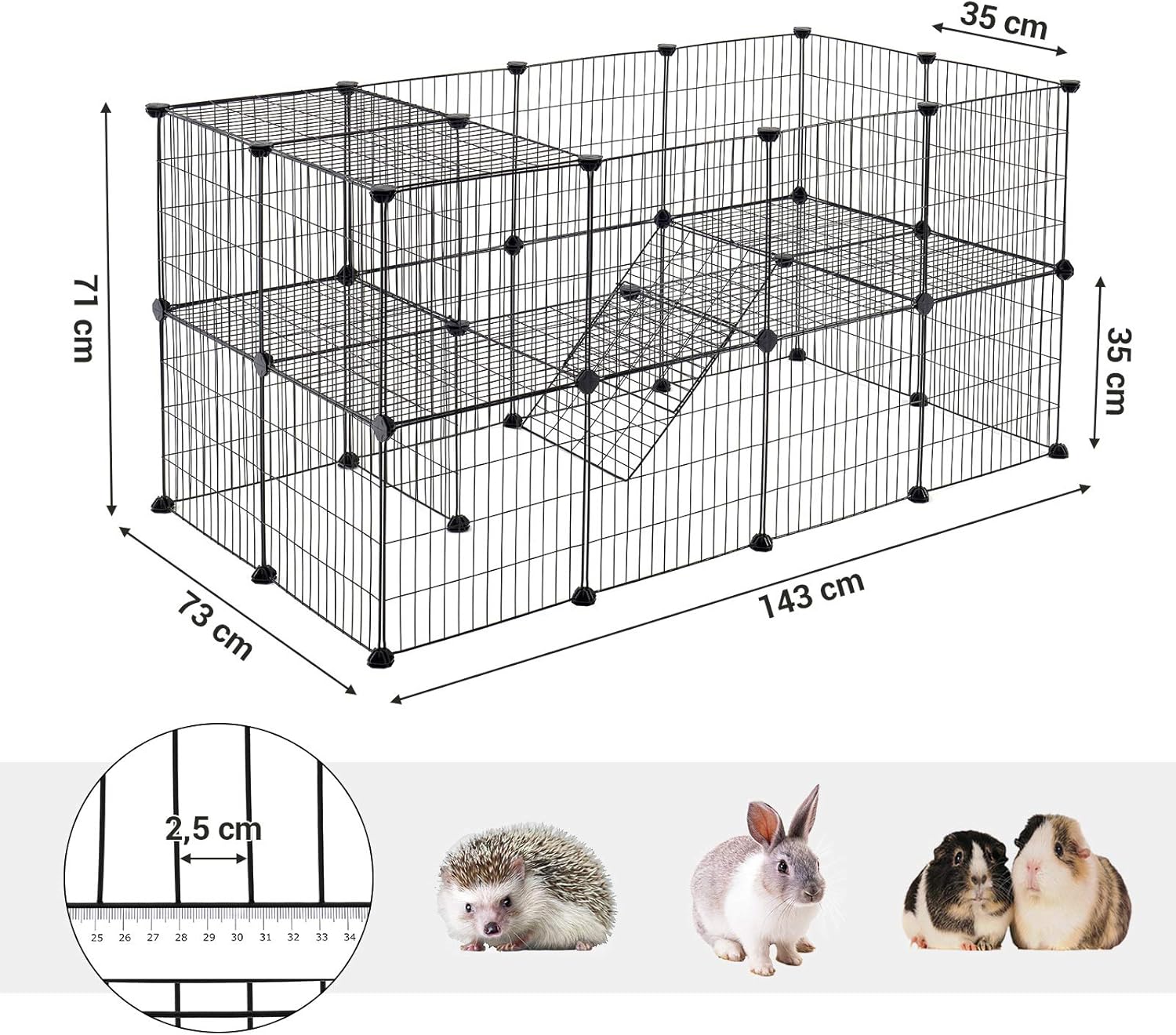 Pet cage with dimensions and small animals for scale on a white background at Pet Servo