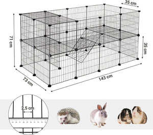Pet cage with dimensions and small animals for scale on a white background at Pet Servo