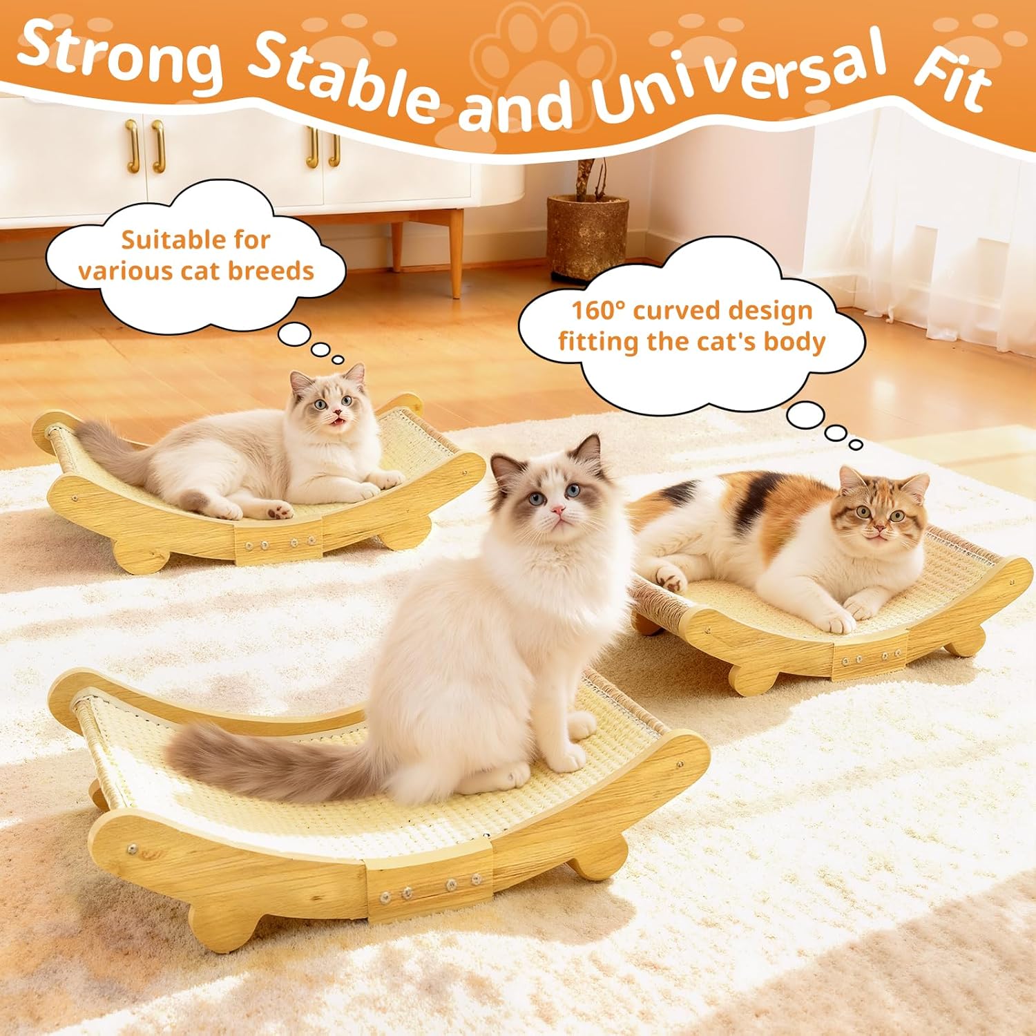 Three curved wooden cat beds with cats on a carpeted floor, emphasizing stability and design at Pet Servo