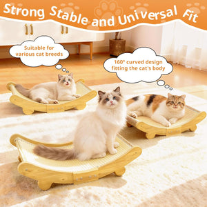 Three curved wooden cat beds with cats on a carpeted floor, emphasizing stability and design at Pet Servo