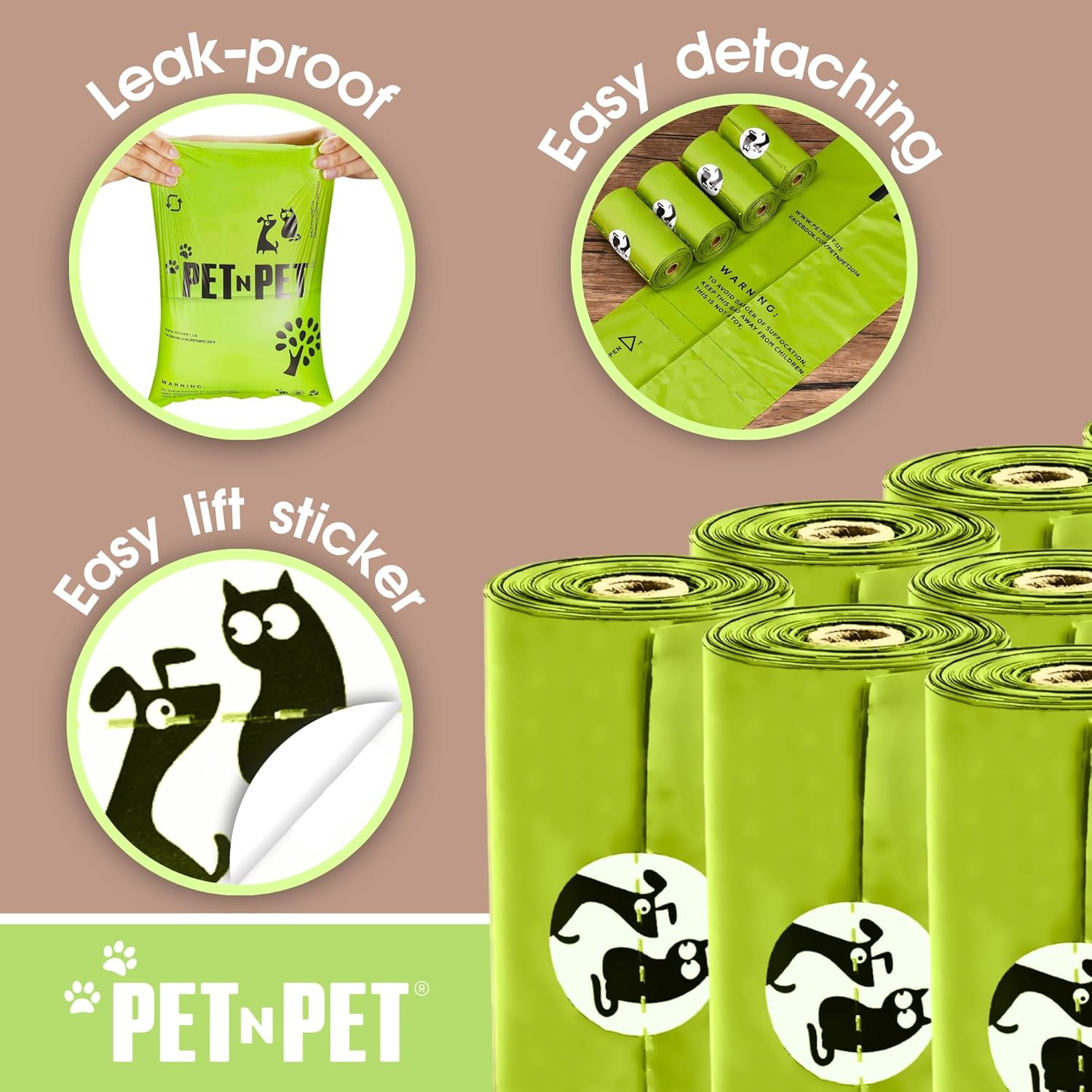 Green pet waste bags with 'PET N PET' branding, showing features like leak-proof design and easy detachment.