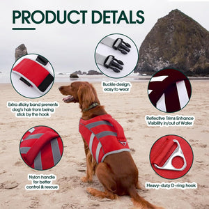 Dog wearing a red life jacket on a beach with product features highlighted at Pet Servo