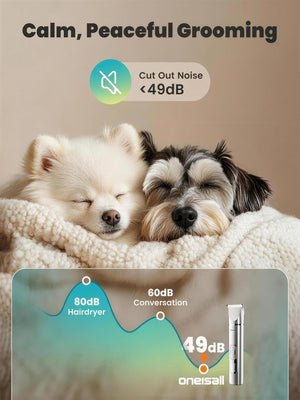 A promotional graphic for a pet hair dryer showing two sleeping dogs wrapped in a cream blanket, with text reading 'Calm, Peaceful Grooming' and 'Cut Out Noise <49dB.' A lower panel includes a hair dryer product image, dB level graphics, and the brand name 'oneisall.