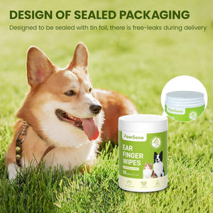 Dog lying on grass with a container of PawSano ear finger wipes, emphasizing sealed packaging design at Pet Servo