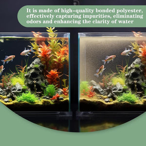 Two aquariums side by side with text about high-quality polyester filter material at Pet Servo