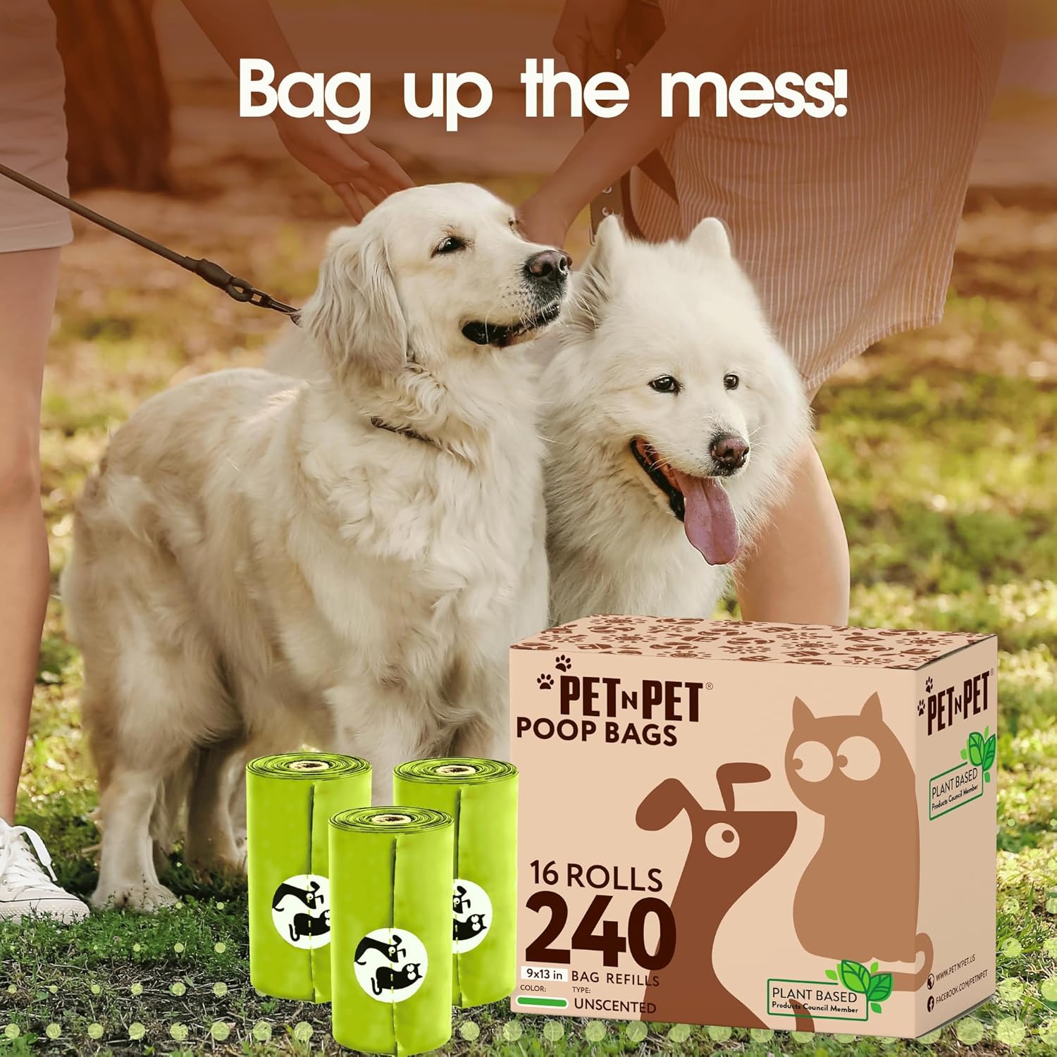 Two dogs standing next to a box of Pet 'N Pet poop bags with text 'Bag up the mess!'.