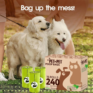 Two dogs standing next to a box of Pet 'N Pet poop bags with text 'Bag up the mess!'.