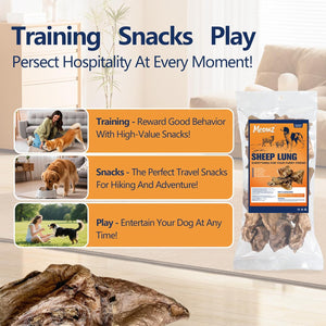 Advertisement for dog treats with text on training, snacks, and play, featuring a couch and plant in the background at Pet Servo