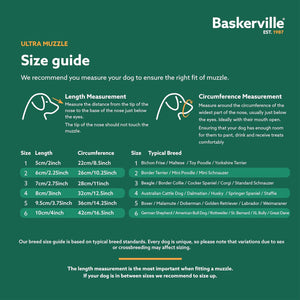 Baskerville Ultra Muzzle size guide with measurement instructions and chart on a green background