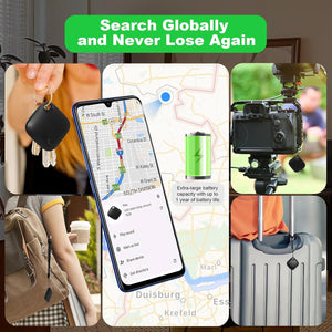 Collage of a smartphone with map app, camera, keychain, backpack, and suitcase with text 'Search Globally and Never Lose Again' at Pet Servo