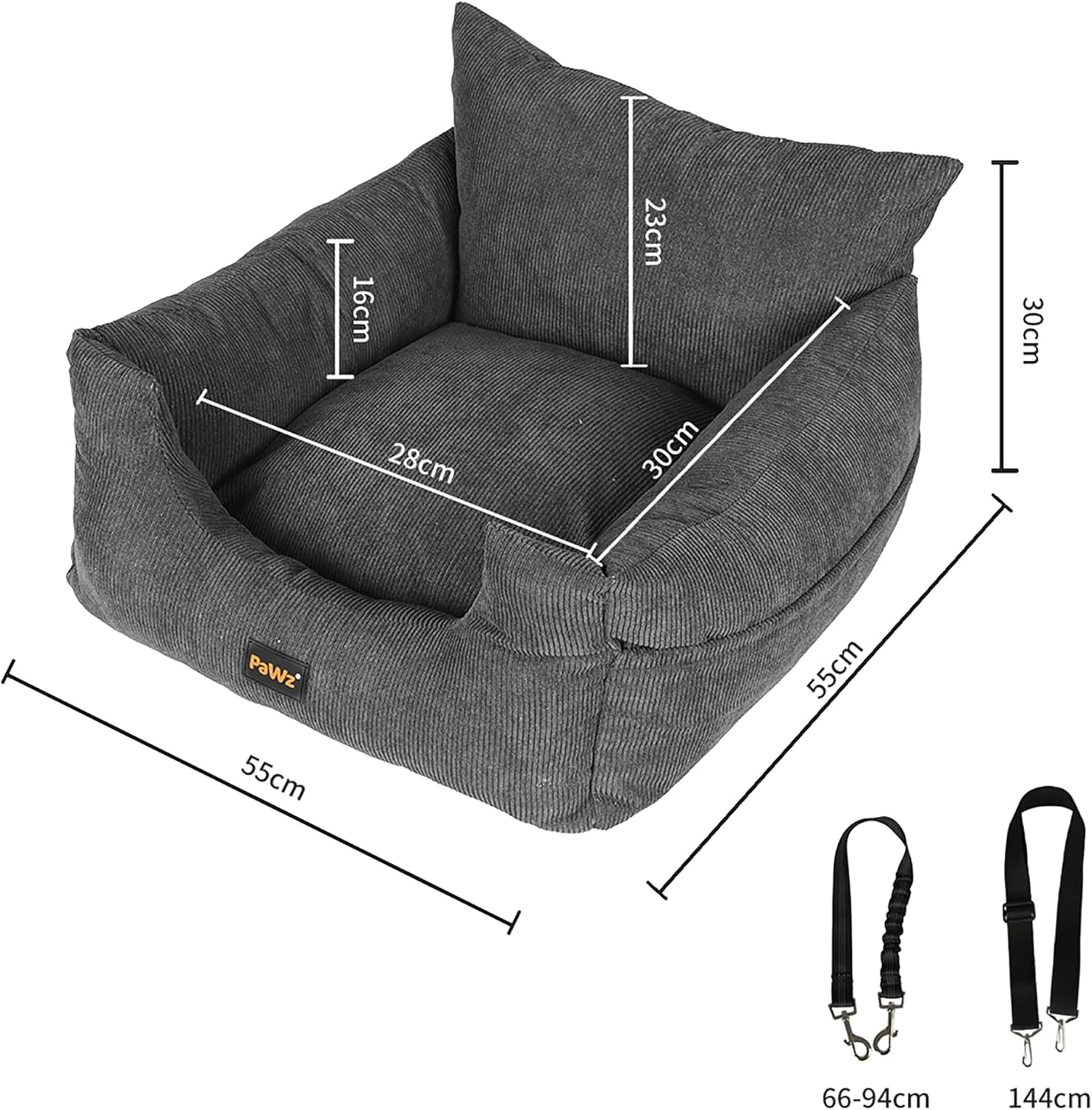 Gray pet bed with measurements on a white background at Pet Servo