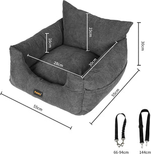 Gray pet bed with measurements on a white background at Pet Servo