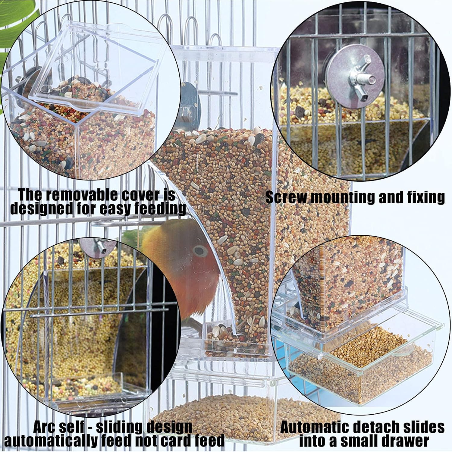 Bird feeder with various features highlighted, including a removable cover, screw mounting, arc design, and automatic detachable slides at Pet Servo
