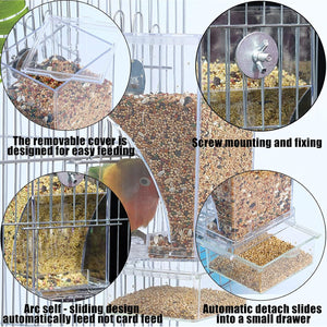 Bird feeder with various features highlighted, including a removable cover, screw mounting, arc design, and automatic detachable slides at Pet Servo