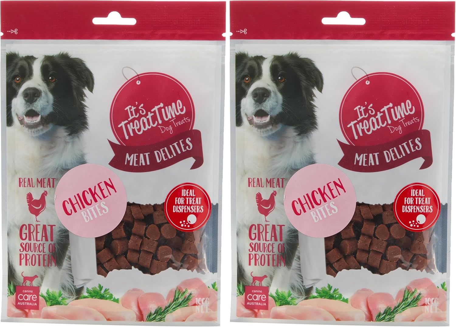Two packages of 'It's Treatime' dog treats with a dog on the label at Pet Servo