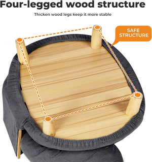 Wooden pet bed with four-legged structure and safety label at Pet Servo