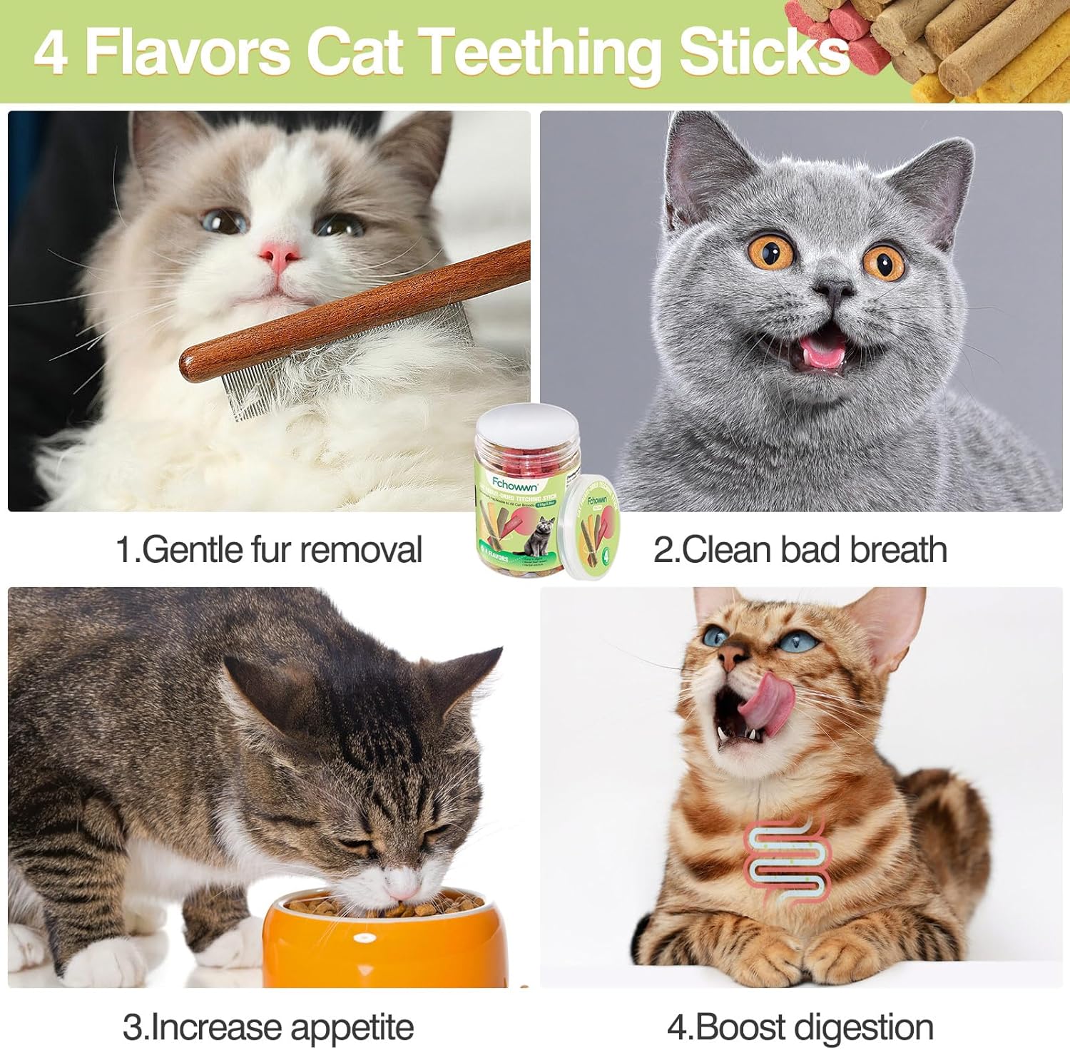 Cat teething sticks with images of cats and text describing benefits at Pet Servo