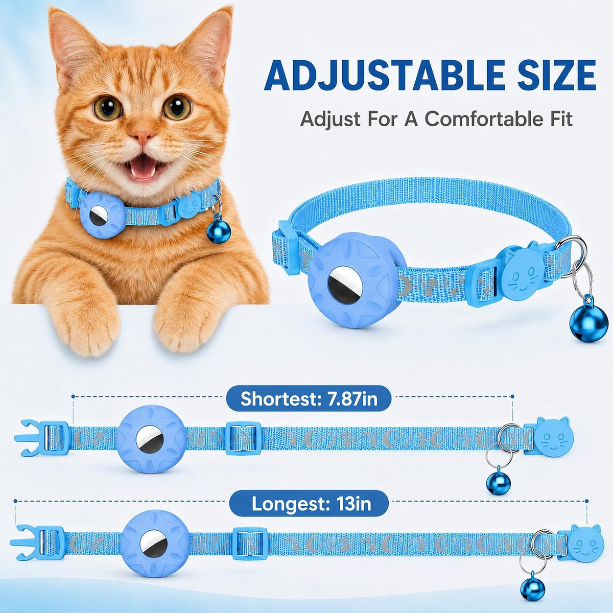 Adjustable blue pet collar shown with a cat wearing it, plus separate views of the collar and measurement labels indicating shortest 7.87 in and longest 13 in fit range at Pet Servo