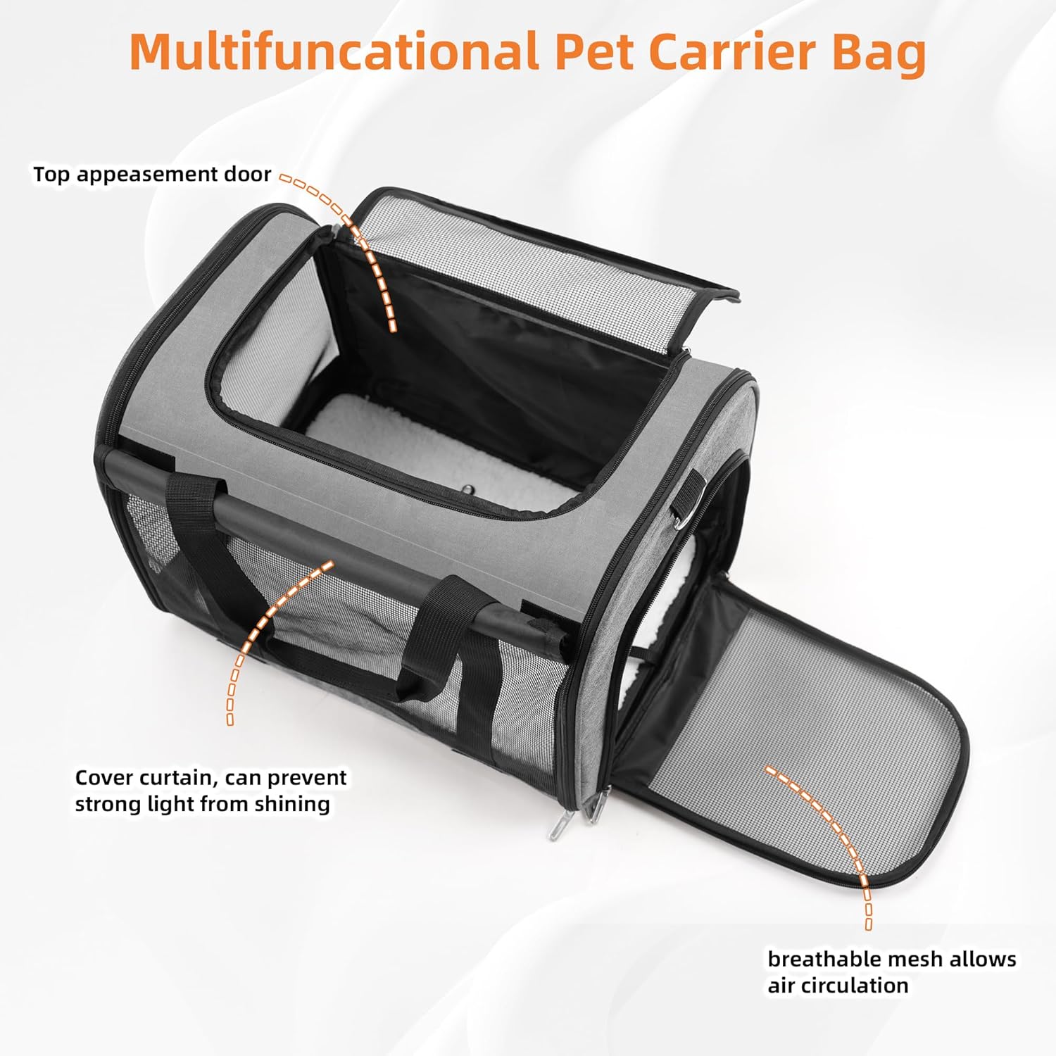 Multifunctional pet carrier bag with features highlighted on a white background at Pet Servo