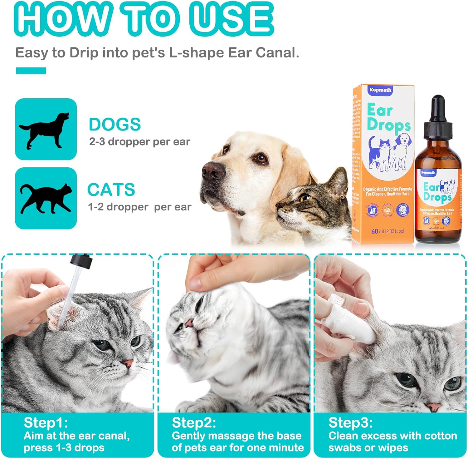 Instructions on how to use pet ear drops with images of a dog, cat, and ear drop packaging at Pet Servo