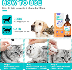 Instructions on how to use pet ear drops with images of a dog, cat, and ear drop packaging at Pet Servo