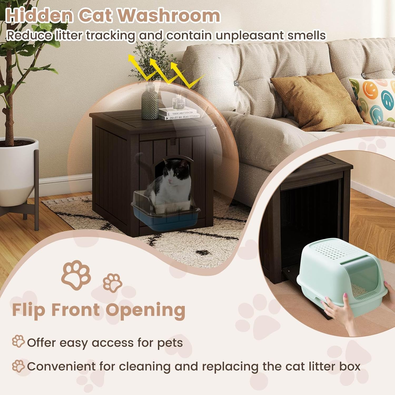Cat litter box with flip front opening in a living room setting at Pet Servo