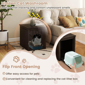 Cat litter box with flip front opening in a living room setting at Pet Servo