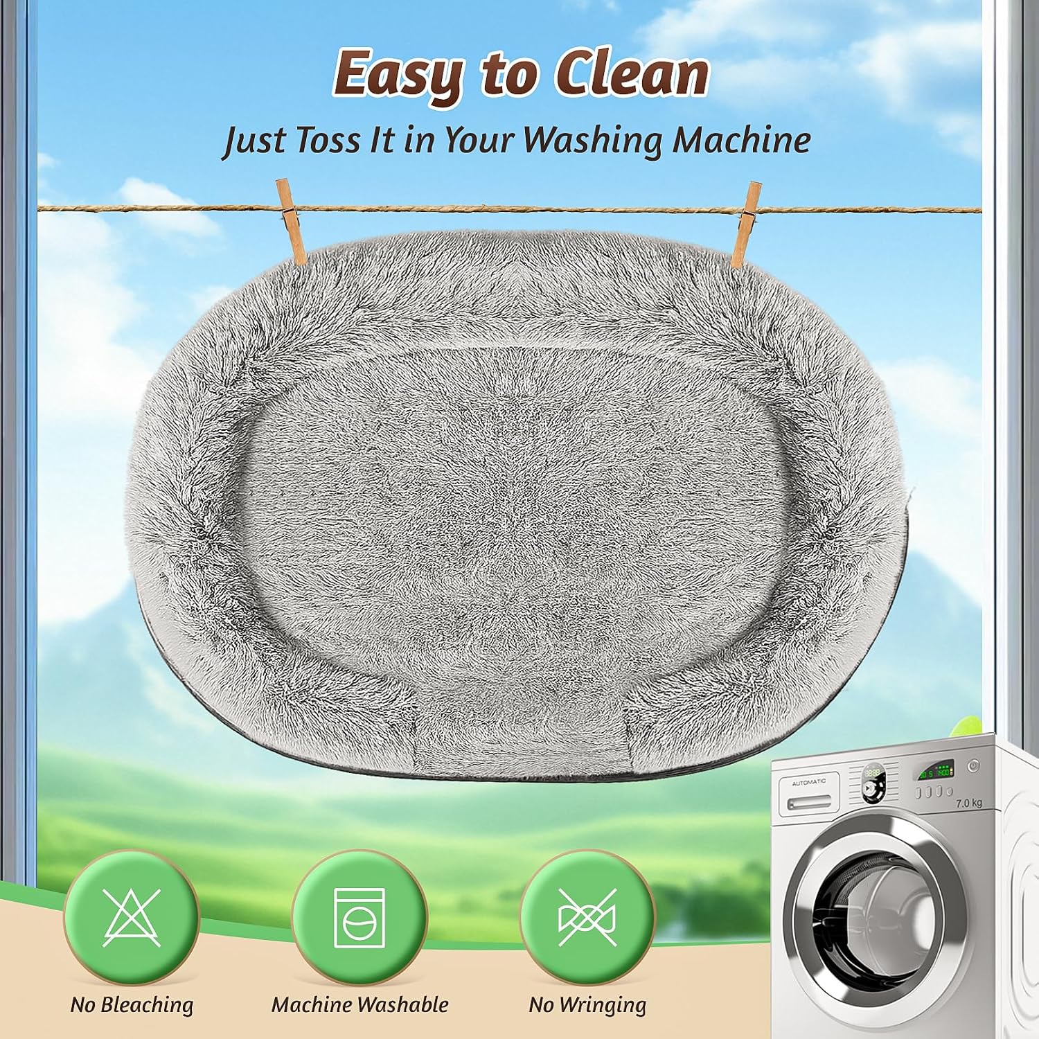 A gray fluffy pet bed hanging on a clothesline with a washing machine and outdoor landscape backdrop. Text reads 'Easy to Clean, Just Toss It in Your Washing Machine' with icons for no bleaching, machine washable, and no wringing.