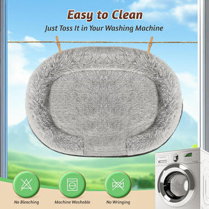 A gray fluffy pet bed hanging on a clothesline with a washing machine and outdoor landscape backdrop. Text reads 'Easy to Clean, Just Toss It in Your Washing Machine' with icons for no bleaching, machine washable, and no wringing.