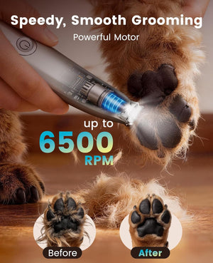 Pet grooming tool being used on a dog's paw with 'Speedy, Smooth Grooming' text and 'Powerful Motor' label at Pet Servo