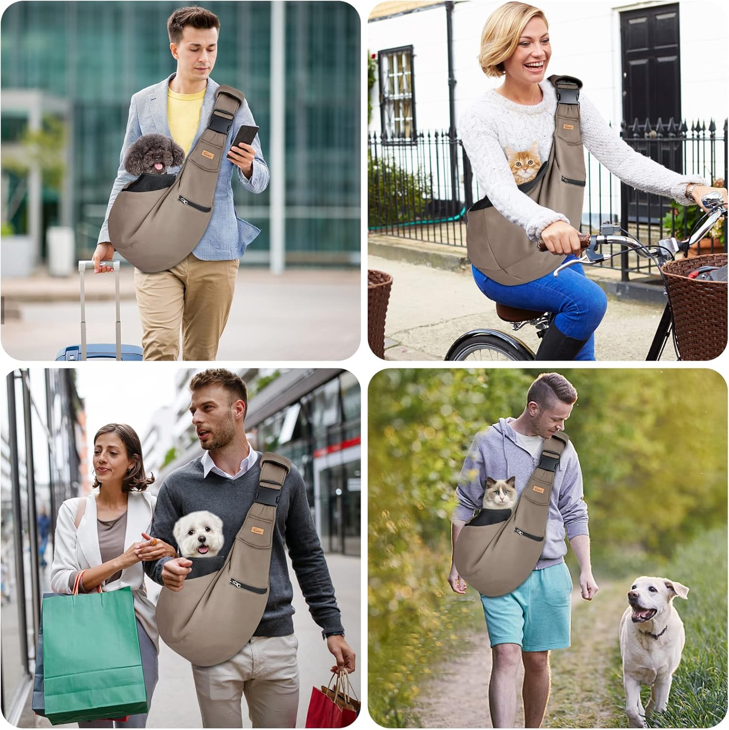 Collage of people using a pet carrier for their pets in various settings at Pet Servo