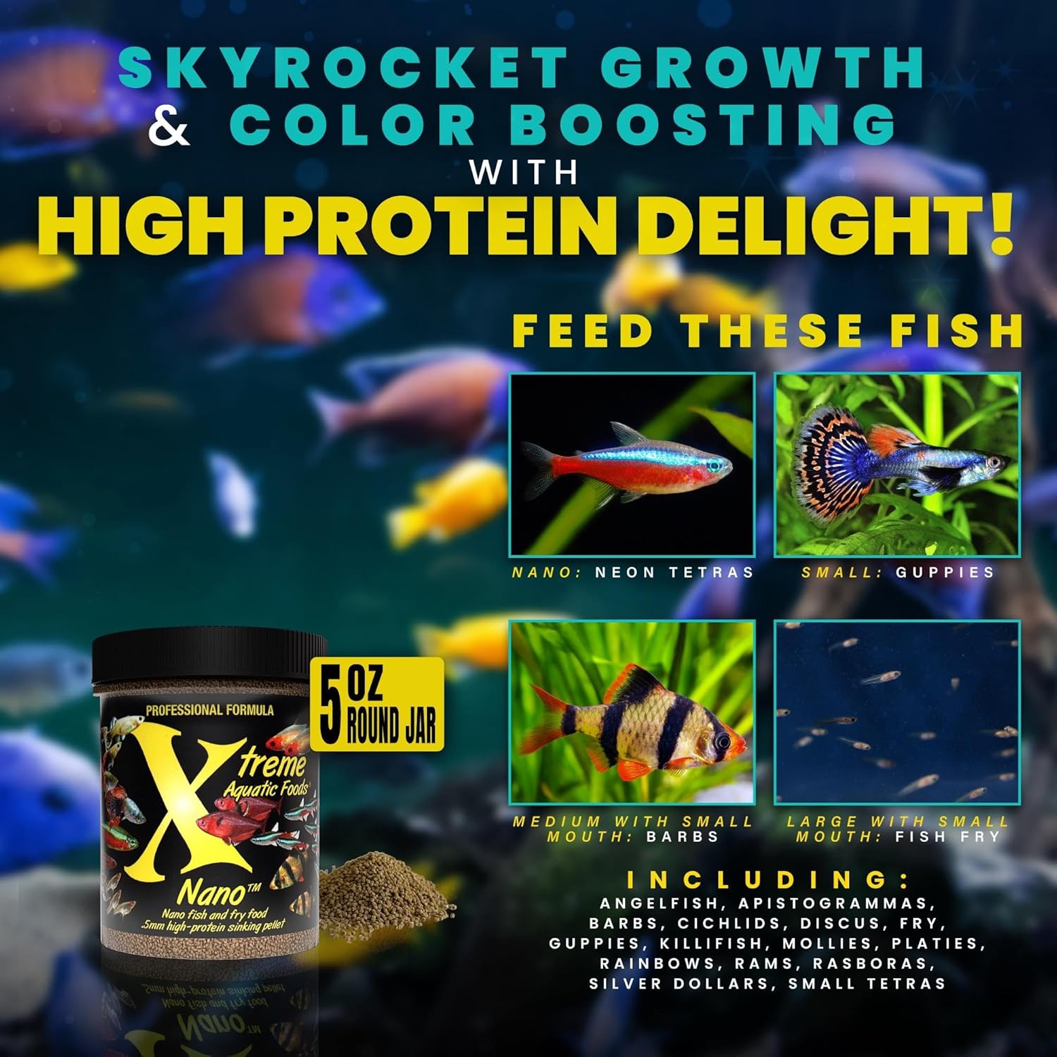 Advertisement for Xtreme Nano fish food with text about growth, color boosting, and protein content, set against an aquarium background with fish images at Pet Servo